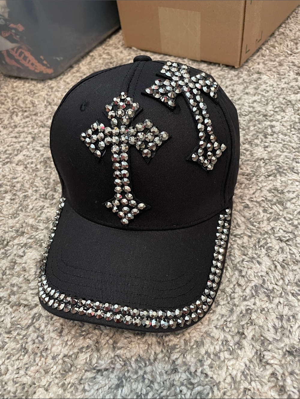 Black Rhinestone Cross Baseball Cap - Women's Sparkle Hat